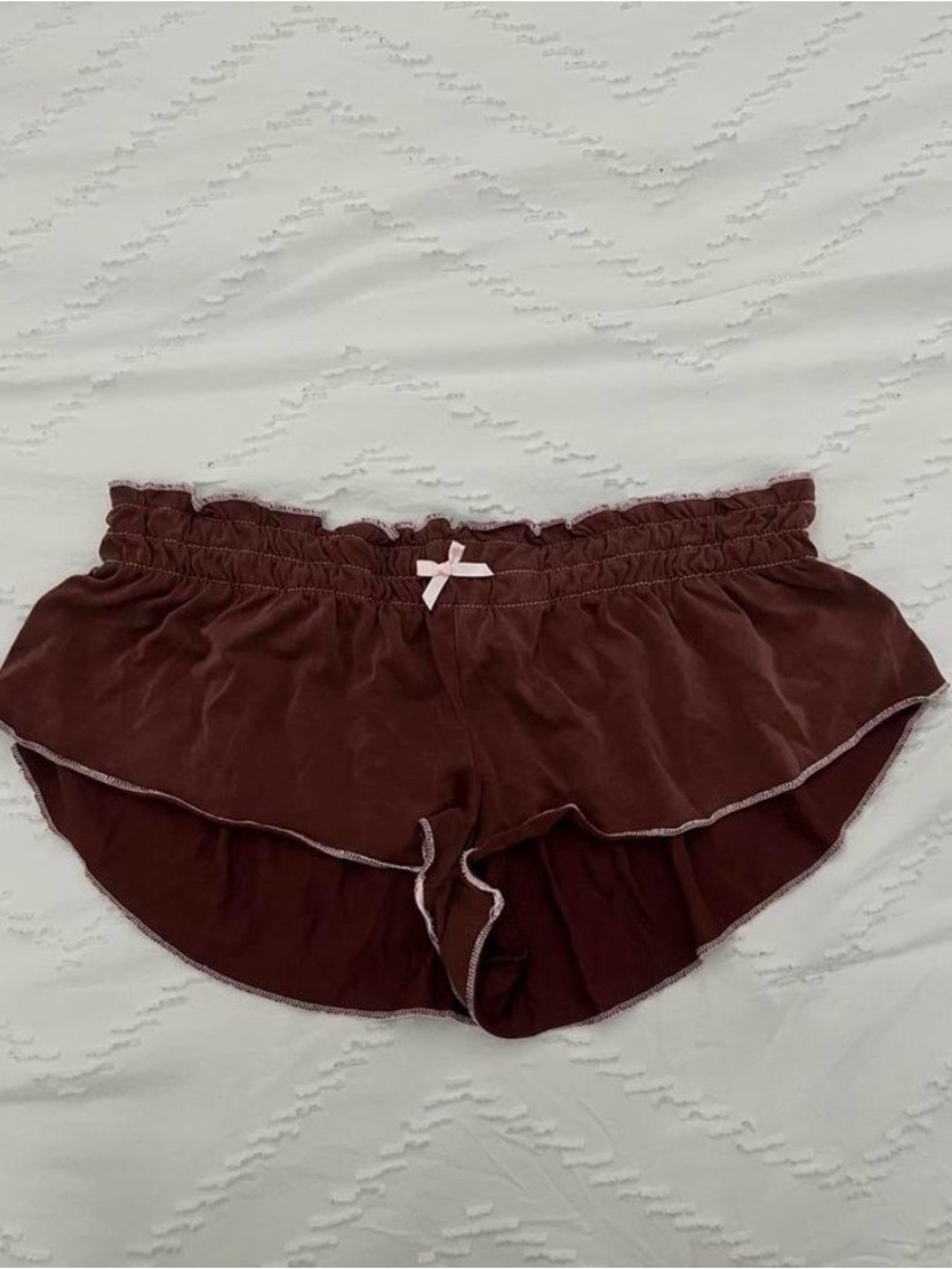 Edikted- Alice Brown Ruffle Pajama Micro-Shorts